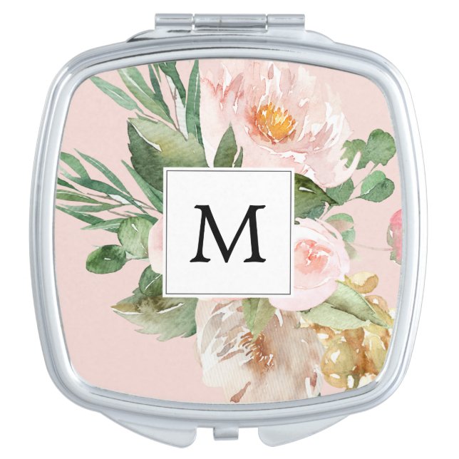 Modern Watercolor Pink Flowers Monogrammed  Compact Mirror (Front)