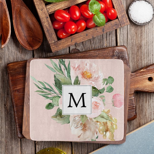 Modern Watercolor Pink Flowers Monogrammed  Cutting Board (Creator Uploaded)