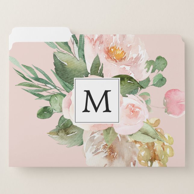 Modern Watercolor Pink Flowers Monogrammed  File Folder (Front Left)