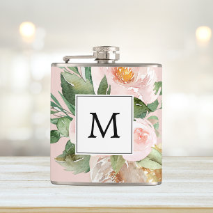 Modern Watercolor Pink Flowers Monogrammed  Flask