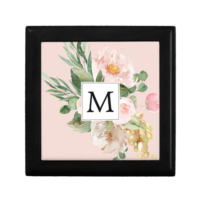Modern Watercolor Pink Flowers Monogrammed  Gift Box (Front)