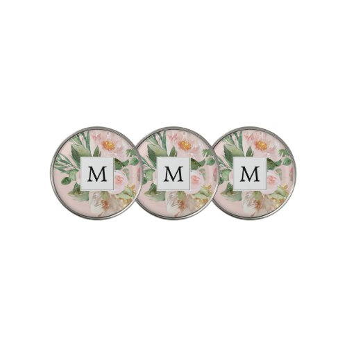 Modern Watercolor Pink Flowers Monogrammed  Golf Ball Marker