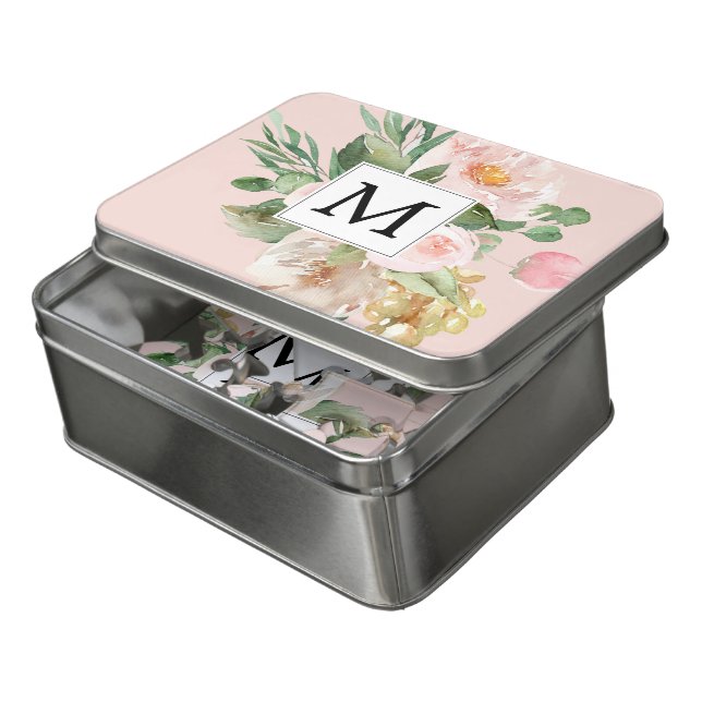 Modern Watercolor Pink Flowers Monogrammed  Jigsaw Puzzle (Lid Open)