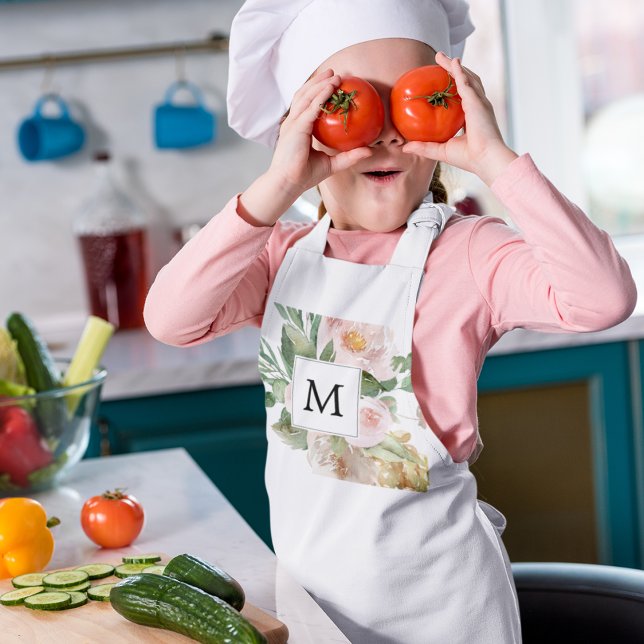 Modern Watercolor Pink Flowers Monogrammed  Kids' Apron (Creator Uploaded)