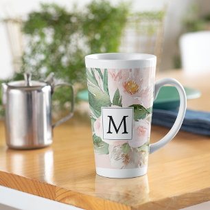 Modern Watercolor Pink Flowers Monogrammed Latte Mug
