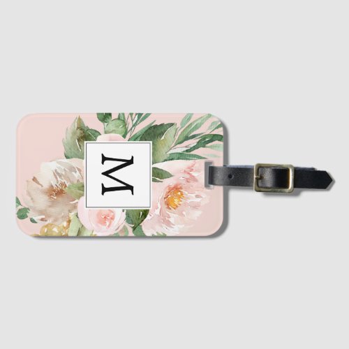 Modern Watercolor Pink Flowers Monogrammed  Luggage Tag