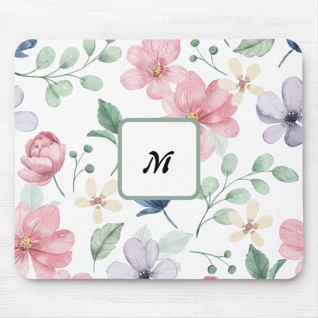 Modern Watercolor Pink Flowers Monogrammed Mouse Pad (Front)