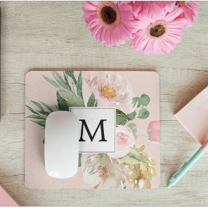 Modern Watercolor Pink Flowers Monogrammed  Mouse Pad