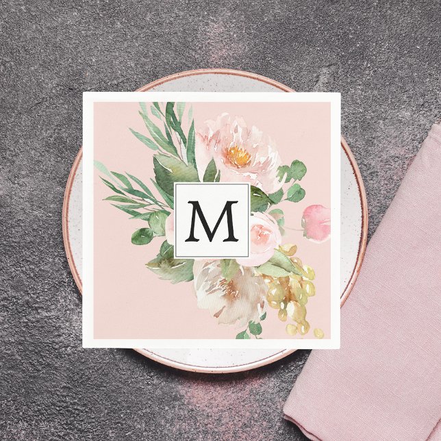 Modern Watercolor Pink Flowers Monogrammed  Napkins (Creator Uploaded)