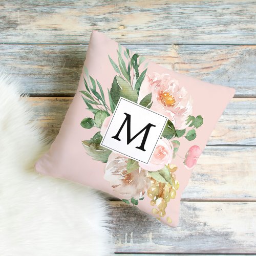 Modern Watercolor Pink Flowers Monogrammed  Outdoor Pillow