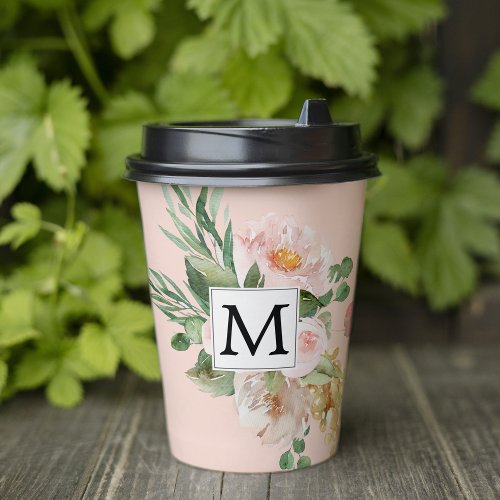 Modern Watercolor Pink Flowers Monogrammed  Paper Cups