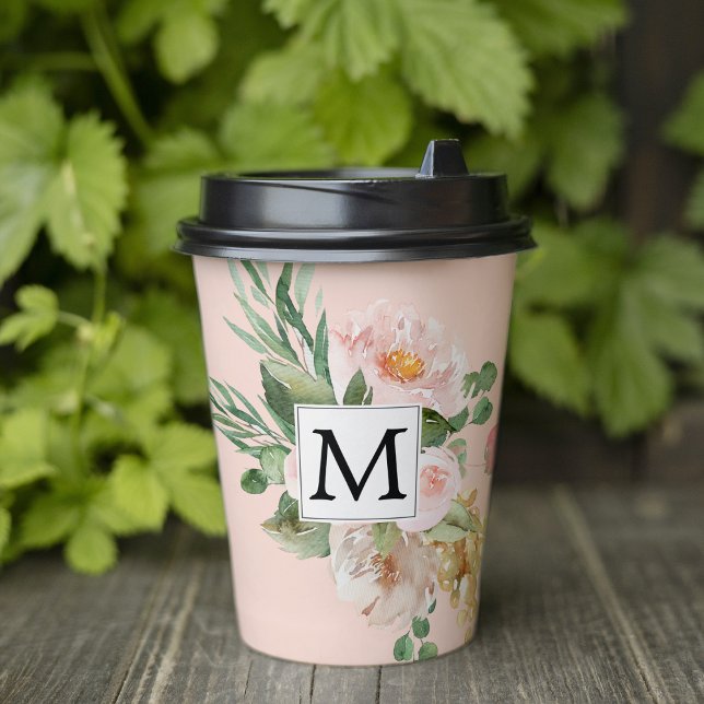 Modern Watercolor Pink Flowers Monogrammed  Paper Cups (Creator Uploaded)