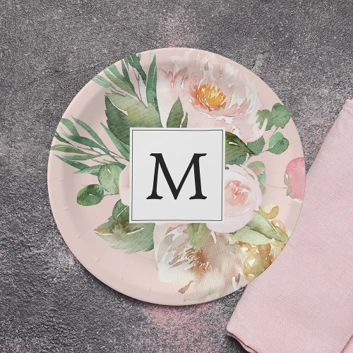 Modern Watercolor Pink Flowers Monogrammed  Paper Plates