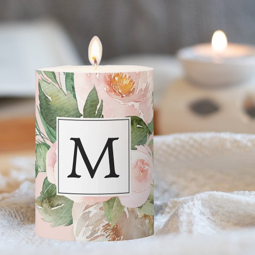 Modern Watercolor Pink Flowers Monogrammed  Pillar Candle