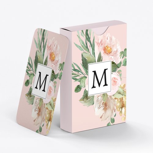 Modern Watercolor Pink Flowers Monogrammed  Poker Cards