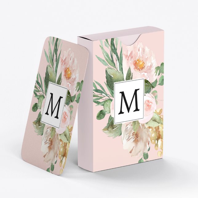 Modern Watercolor Pink Flowers Monogrammed  Poker Cards (Creator Uploaded)