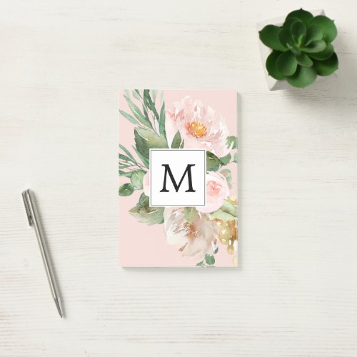 Modern Watercolor Pink Flowers Monogrammed  Post_it Notes