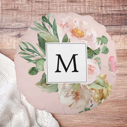 Modern Watercolor Pink Flowers Monogrammed  Round Pillow