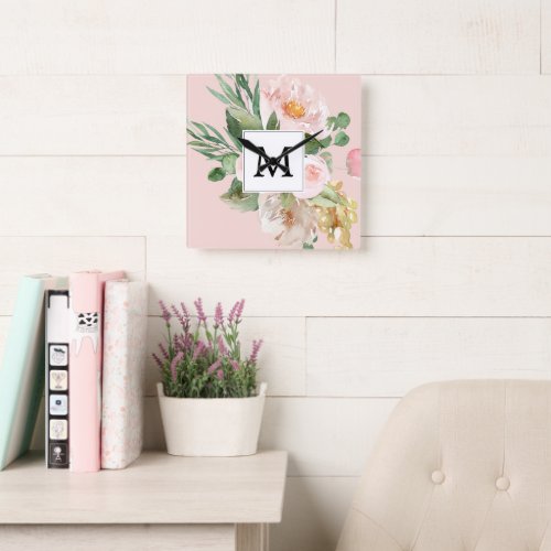 Modern Watercolor Pink Flowers Monogrammed  Square Wall Clock