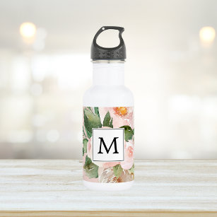 Modern Watercolor Pink Flowers Monogrammed  Stainless Steel Water Bottle