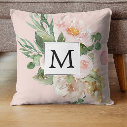 Modern Watercolor Pink Flowers Monogrammed  Throw Pillow