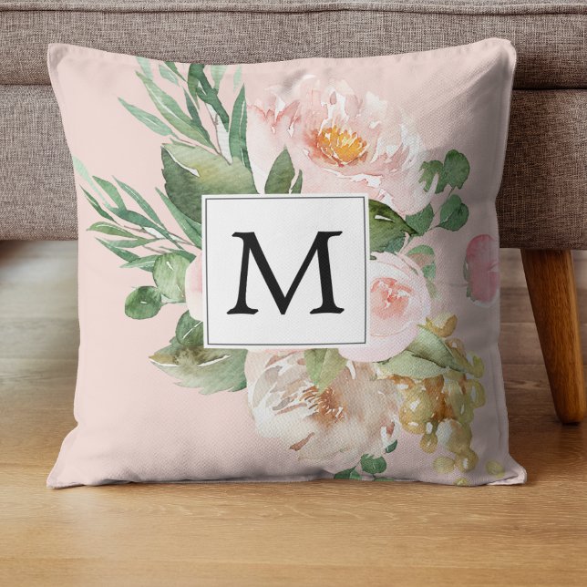 Modern Watercolor Pink Flowers Monogrammed  Throw Pillow (Creator Uploaded)