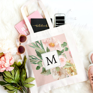 Modern Watercolor Pink Flowers Monogrammed  Tote Bag