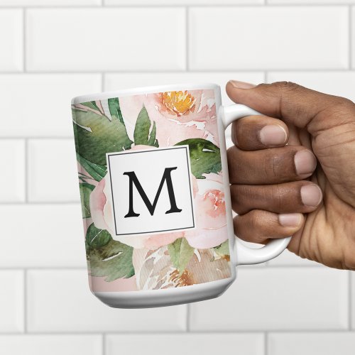 Modern Watercolor Pink Flowers Monogrammed  Two_Tone Coffee Mug