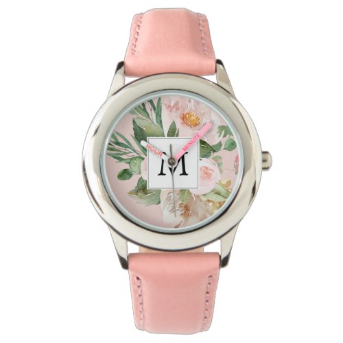 Modern Watercolor Pink Flowers Monogrammed  Watch