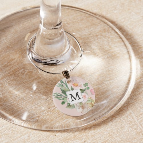 Modern Watercolor Pink Flowers Monogrammed  Wine Charm