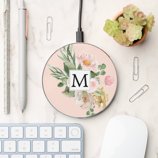 Modern Watercolor Pink Flowers Monogrammed  Wireless Charger (Desk)