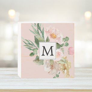 Modern Watercolor Pink Flowers Monogrammed Wooden Box Sign