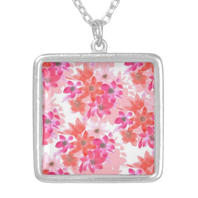Modern Watercolor Pink Flowers Silver Plated Necklace (Front)