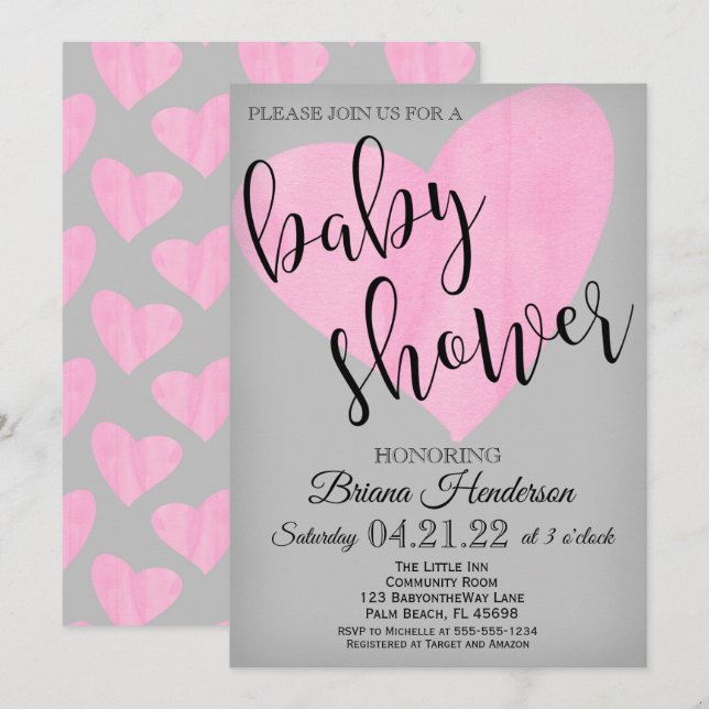 Modern Watercolor Pink Heart Girl Baby Shower Invitation (Front/Back)