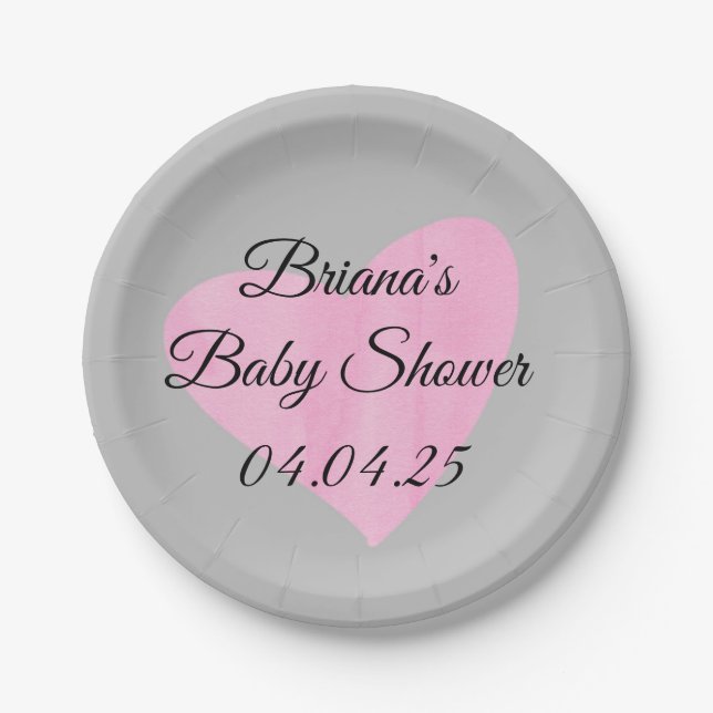 Modern Watercolor Pink Heart Girl Baby Shower Paper Plates (Front)