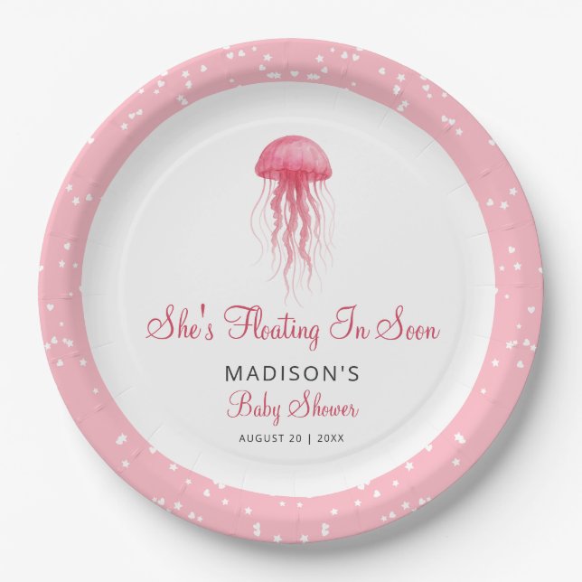 Modern Watercolor Pink Jellyfish Girl Baby Shower Paper Plates (Front)