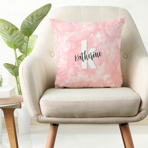 Modern Watercolor Pink Monogram Throw Pillow