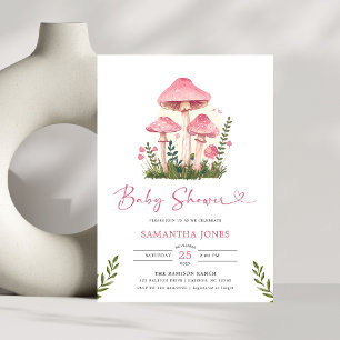 Modern Watercolor Pink Mushroom Baby Shower Invitation