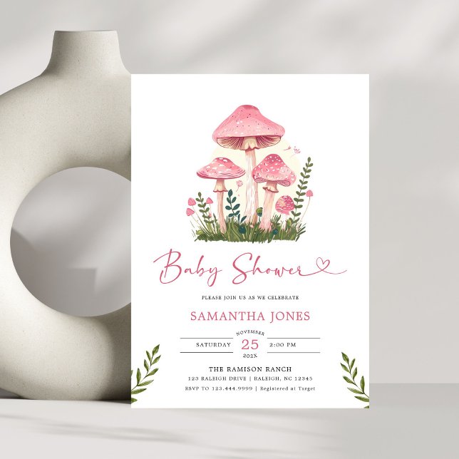 Modern Watercolor Pink Mushroom Baby Shower Invitation (Creator Uploaded)