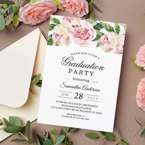 Modern Watercolor Pink Peonies  Green Leaf Invitation