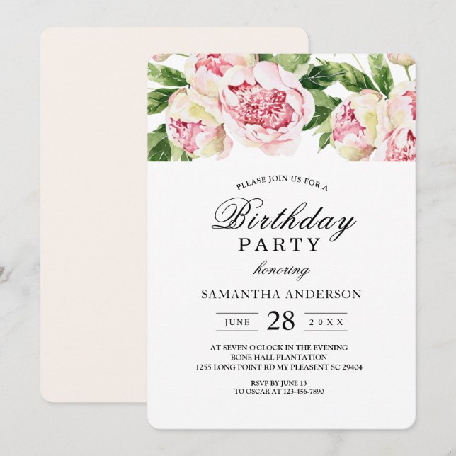 Modern Watercolor Pink Peonies & Green Leaf Invitation (Front/Back)