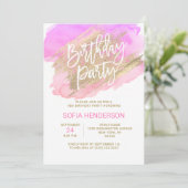 Modern Watercolor Pink Purple Gold Birthday Invitation (Standing Front)