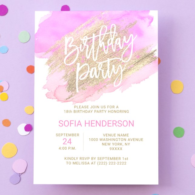 Modern Watercolor Pink Purple Gold Birthday Invitation
