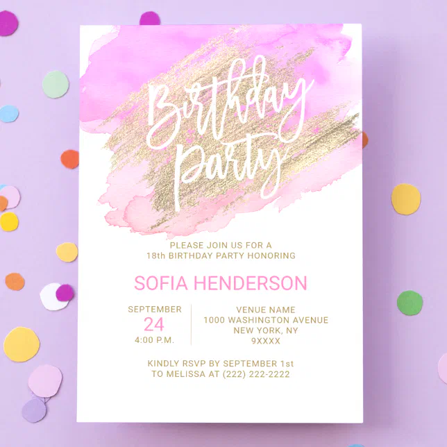 Modern Watercolor Pink Purple Gold Birthday Invitation | Zazzle