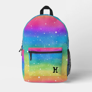 Modern Watercolor Pink Rainbow Stripes Monogram Printed Backpack