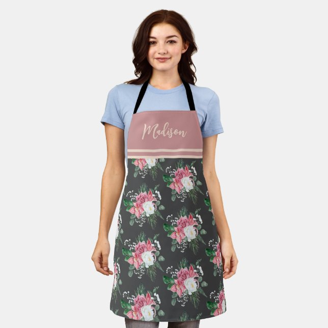 Modern Watercolor Pink Rose Bouquet Pattern Name Apron (Worn)
