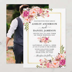 Modern Watercolor Pink Roses Floral Photo Wedding Invitation