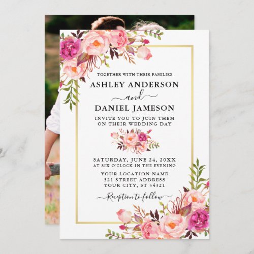 Modern Watercolor Pink Roses Floral Photo Wedding Invitation
