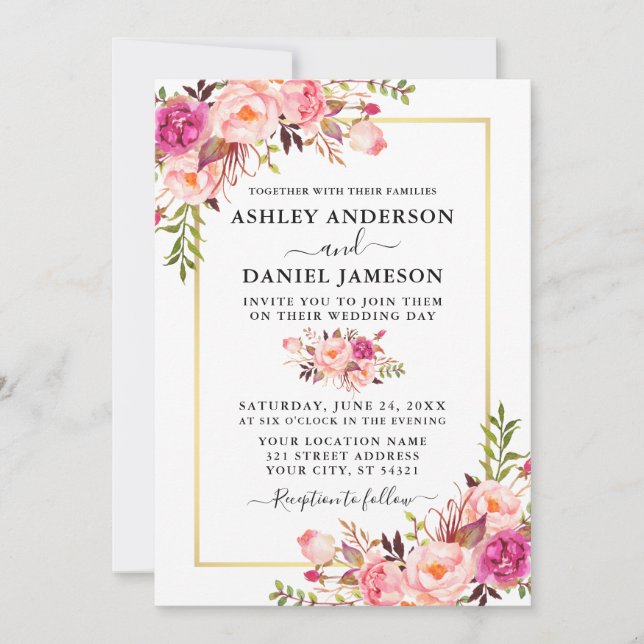 Modern Watercolor Pink Roses Floral Wedding Invitation (Front)