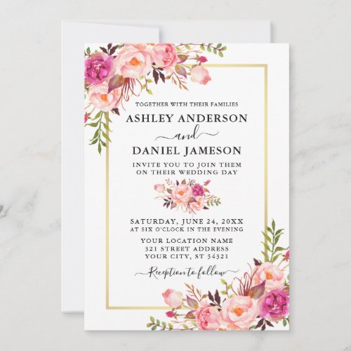Modern Watercolor Pink Roses Floral Wedding Invitation